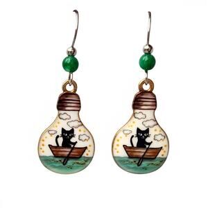 Cat in Boat Lightbulb Dangle Earrings | Handmade Acrylic | Green Bead Accent